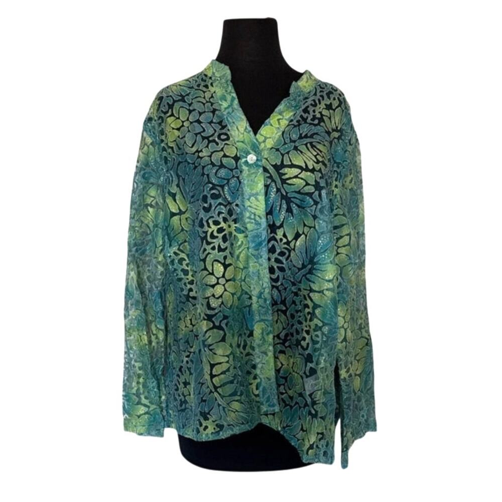 Ruby Rd. Blue and Green Sheer Metallic Button Up - 18W - Picture 1 of 8